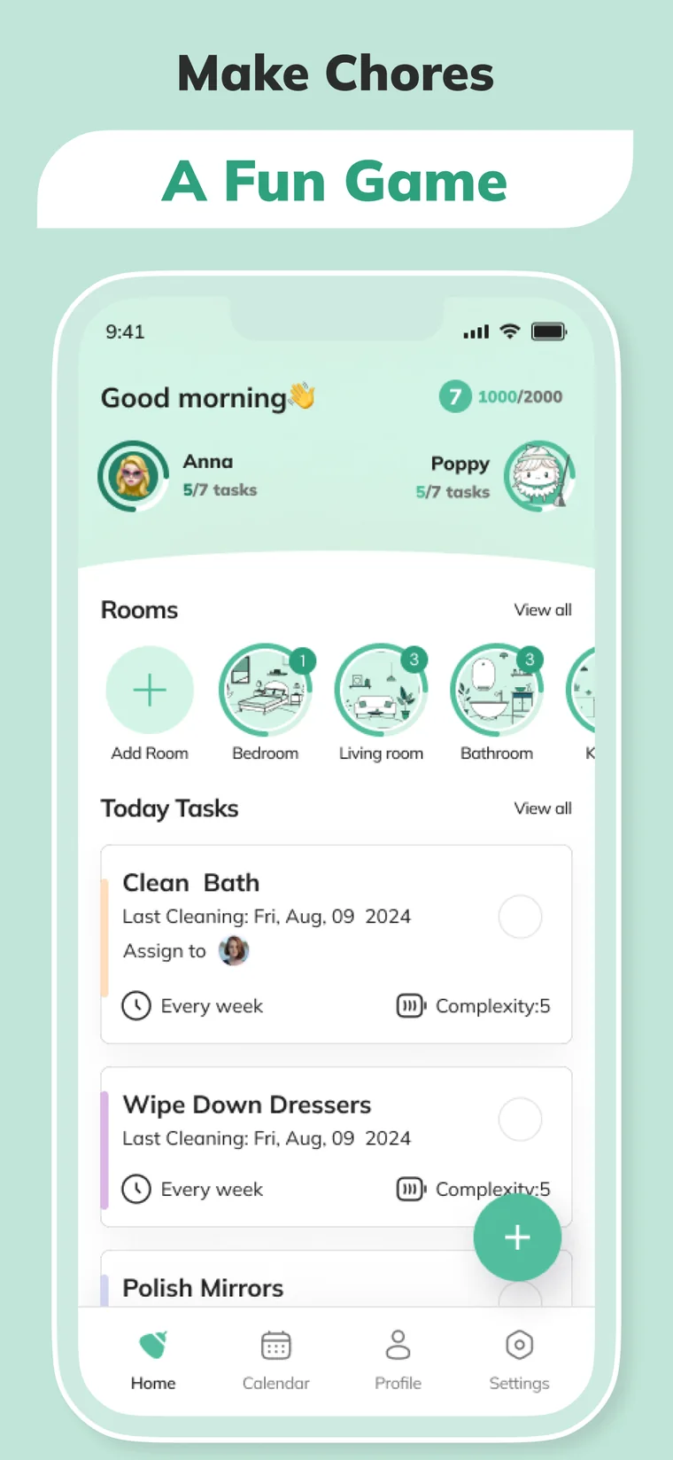 Popi home screen showing family chore game with member progress, rooms, and today's task list