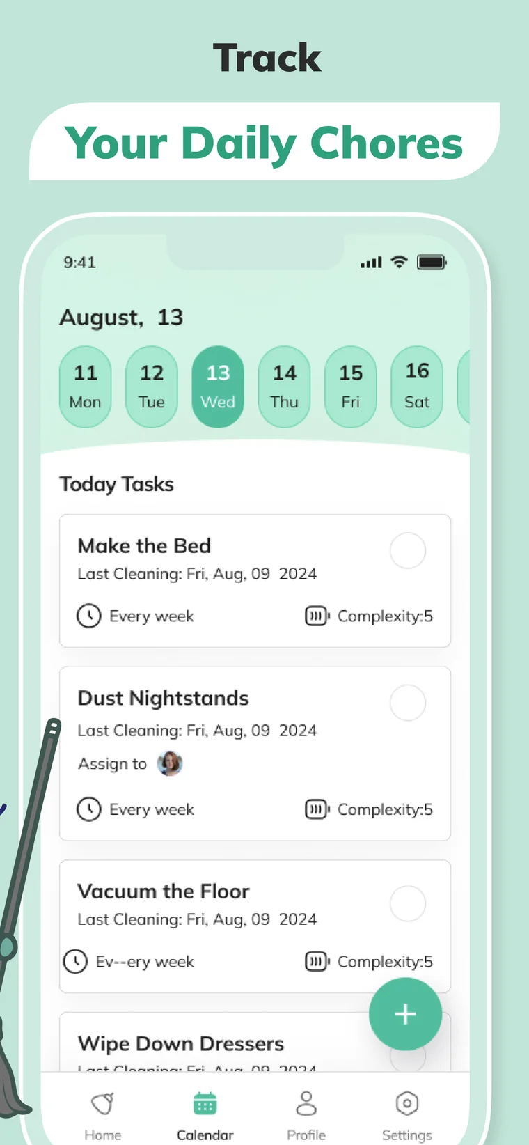 Popi chore calendar tracking daily chores like make the bed and vacuum the floor