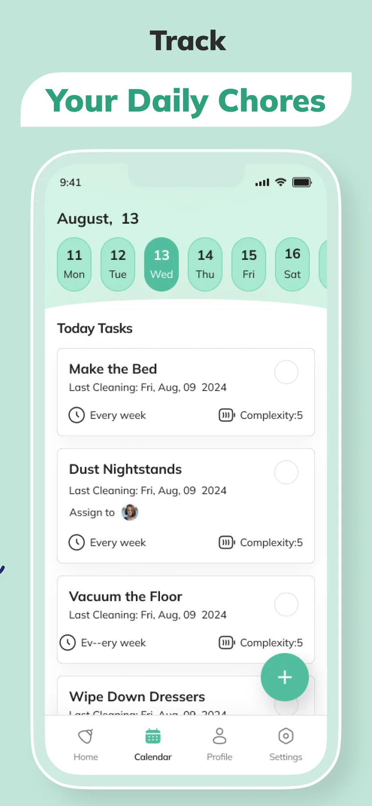 Popi weekly cleaning schedule with recurring tasks and complexity ratings